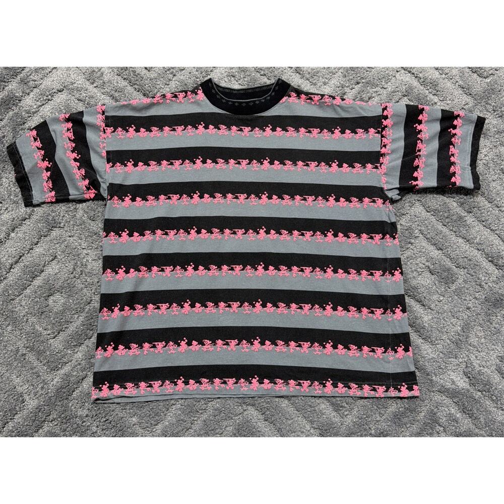 VTG 90s DISNEY BLACK GRAY Oversized STRIPED T-SHIRT MICKEY & GOOFY S/M Made USA